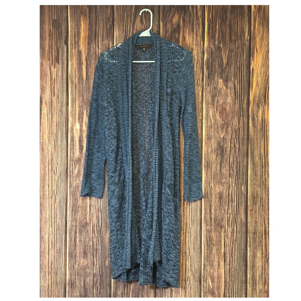Fever Cardigan Sweater Womens M Blue Open Front Knit Crochet Lace Trim